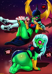 ass barefoot cake converse disney eating feet female footwear green_skin hair headgear helmet kneeling large_ass long_hair lord_dominator pink_sclera shadman sneakers socks soles toes tube_socks wander_over_yonder