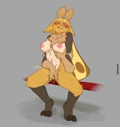 antennae_(anatomy) anthro arthropod belly bench big_breasts bodily_fluids breast_squish breasts claws databased dripping dripping_vulva eyebrows fan_character female fluffy_belly fluid_on_face fur genital_fluids genitals grippers hands_behind_back hi_res holding_breast insects lepidopteran licking licking_lips looking_at_viewer moth neck_tuft on_bench orange_eyes peeing pussy_juice_drool sitting sitting_on_bench smile smirk solo spread_legs spread_vulva spreading squish standing_position tan_body tan_fur toe_claws tongue tongue_out topaz_(disambiguation) tuft urinating urination urine vulva white_belly white_body white_eyebrows white_fur wings yellow_body yellow_fur yellow_wings