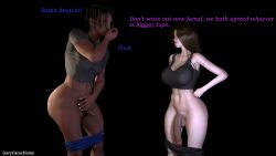 1boy 1futa 3d 3d_(artwork) 3d_model abs asian_futa athletic_futa big_ass_(male) big_lips big_penis bigger_cock_tops black_background black_male bragging braids dark-skinned_male darkened_genitalia english english_text futa_is_bigger futa_with_male futadom futanari garycamehome girthy_penis imminent_sex light-skinned_futa light-skinned_futanari long_hair original_character original_characters pants_down penis penis_comparison penis_size_difference shorter_female showing_off small_penis small_penis_humiliation t-shirt talking tank_top text uncensored veiny_penis virt-a-mate virtamate