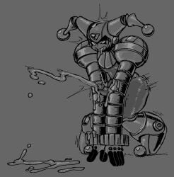 1male 1man action_lines ahegao ahegao_face armjob bent_knees boots bulky clown clown_boy clown_man collar collared_shirt cum cum_on_ground cumshot drooling drooling_tongue eyelashes forehead_gem forehead_jewel forehead_markings gloves gray_background grey_background greyscale hands_on_ground helmet jester jester_hat knees_bent male_only mascara masturbating masturbation mega_man mega_man_(classic) mega_man_8 penis penis_out robot robot_humanoid robot_joints robot_master rosy_cheeks shoulder_armor sketch skin_tight skin_tight_outfit skin_tight_suit solo solo_focus solo_male submarichamomi2 thick_thighs thighs thighs_bigger_than_head thin_penis thin_waist tired_out