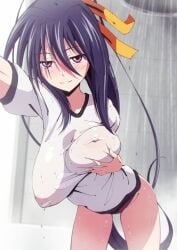 1girls akeno_himejima areolae areolae_visible_through_clothing arm_up big_breasts black_hair blush breast_grab breasts female flou hi_res high_resolution high_school_dxd highres holding_breast leaning_forward long_hair looking_at_viewer naughty_smile nipples nipples_visible_through_clothing pink_eyes ribbon seductive seductive_look see-through selfie shirt shower showering smile solo wet wet_clothes