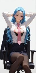 1girl ai_generated arms_behind_head arms_up black_bra black_eyes black_jacket black_pantyhose black_skirt blue_hair bra breasts breasts_out brown_pantyhose chair closed_mouth collared_shirt dress_shirt earrings eyelashes feet_out_of_frame forehead formal grey_background hands_in_hair high-waist_skirt jacket jewelry knees_together_feet_apart lace-trimmed_bra lace_trim lips long_hair long_sleeves looking_at_viewer makeup medium_breasts miniskirt necktie nefertari_vivi nipple_slip nipples office_chair office_lady on_chair one_breast_out open_clothes open_shirt pantyhose parted_bangs partially_unbuttoned pencil_skirt pink_necktie shirt shirt_tucked_in simple_background sitting skirt skirt_suit smile solo suit swivel_chair unbuttoned underwear unworn_jacket wavy_hair white_background white_shirt wing_collar