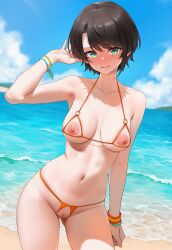 ai_generated ass_visible_through_thighs bangs beach bikini black_hair blue_eyes blue_sky blurry blurry_background blush bracelet breasts cloud collarbone day eyebrows_visible_through_hair female halterneck hololive horizon jewelry looking_at_viewer medium_breasts micro_bikini nail_polish navel nipples ocean oozora_subaru outdoors pussy short_hair sky smile solo swimsuit symbol-shaped_pupils tanline water
