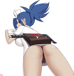 1girls ass blue_hair from_behind kuroonehalf nurse panties saw skullgirls solo valentine_(skullgirls)