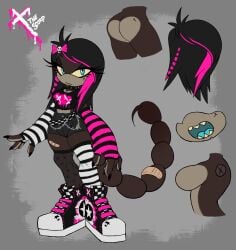 2024 ass female goth hairbow oc reference_sheet scorpion scorpion_girl scorpion_tail sirenstudios sneakers striped_legwear x_the_scorp