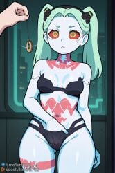 1girls ai_generated black_bra black_hairband black_panties boosty_username bra breasts colored_sclera colored_skin cyberpunk:_edgerunners female female_masturbation fingering fingering_through_panties green_eyes green_hair hairband hypnosis indoors kirill782 leg_tattoo long_hair looking_at_viewer masturbation mind_control navel neck_tattoo panties pendulum rebecca_(edgerunners) red_eyes red_sclera small_breasts solo_focus stable_diffusion standing_masturbation stomach_tattoo strapless telegram_username through_clothes twintails underwear underwear_only watermark