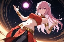 1girl ai_generated alternate_universe armlet armpits bandeau bare_shoulders black_pants bracelet bracer breasts closed_mouth cloud cowboy_shot crop_top dancer dutch_angle egyptian_clothes elfen_lied energy_ball female floating_hair god_of_destruction gold_trim groin hair_between_eyes halterneck hand_up hands_up horns jewelry large_breasts long_hair looking_at_viewer lucy_(elfen_lied) magic medium_breasts midriff navel neck_ring night night_sky orb outdoors pants pelvic_curtain pink_hair pixiv red_eyes red_shirt red_skirt rena_aikawa_(pixiv_user) shirt sidelocks skirt sky sleeveless smile solo stable_diffusion standing star_(sky) starry_sky stomach sun taut_clothes tube_top usekh_collar white_horns