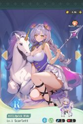 flower flower_in_hair fully_clothed isekai_nymph large_breasts long_hair necklace purple_flower purple_hair scarlett_(isekai_nymph) spear unicorn