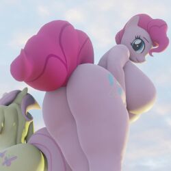 2girls 3d 3d_(artwork) anthro ass blue_eyes breasts colored_hair colored_tail earth_pony female_only fluttershy_(mlp) giantess hasbro huge_ass huge_breasts looking_at_viewer masteryorg0 my_little_pony my_little_pony_friendship_is_magic mythological mythological_creature mythology pegasus pink_body pink_eyes pink_skin pinkie_pie_(mlp) pony tagme view yellow_body yellow_skin
