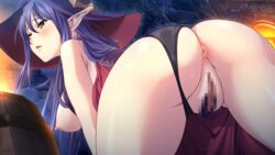 all_fours anus areolae ass barrel blue_hair blush breasts censored dungeon_of_regalias edna_(dungeon_of_regalias) elf female from_behind game_cg hair hat headgear highres large_breasts legs long_hair m&m_(mickey_and_mackey) mosaic_censoring nipples outdoors parted_lips pointy_ears pussy solo sweat thighs witch_hat yellow_eyes