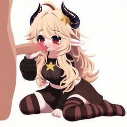 1boy ahoge ai_generated bangs bare_shoulder blonde_hair blush borrowed_character breasts erection fellatio female hair_between_eyes hair_ornament horns long_hair oral penis pointy_ears red_eyes ribbed_sweater roblox simple_background solo_focus star_(symbol) star_hair_ornament straight sunny_(legacy) uncensored white_background