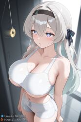 1girls ai_generated arms_at_sides bare_shoulders black_hairband blush boosty_username breasts cleavage coin coin_on_string collarbone female firefly_(honkai:_star_rail) grey_hair hair_ribbon hairband high_angle high_angle_view holed_coin honkai:_star_rail hypnosis indoors kirill782 large_breasts long_hair mind_control pendulum ribbon short_shorts shorts solo sports_bra stable_diffusion standing stomach telegram_username underboob watermark white_shorts