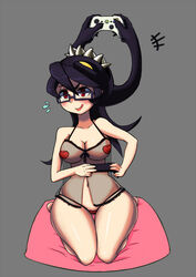 artist_request black_hair breasts cleavage controller female filia_(skullgirls) glasses large_breasts lingerie nightgown pasties red_eyes samson_(skullgirls) skullgirls solo video_game