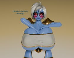 3d 3d_(artwork) 4k alien_girl bandeau blender blender_(software) blue_body blue_skin blush breast_sqish breasts breasts_bigger_than_head breasts_together chaoslord cleavage covering_mouth freckles freckles_on_breasts freckles_on_face glasses huge_ass huge_breasts massive_breasts motion_lines o'pai o'pai_(aquaterrius) oc round_glasses sequence sole_female t'au tagme tau text thick thick_thighs voluptuous_female white_hair wide_hips wrapped_breasts