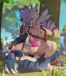 2025 3_toes 5_fingers anal anal_sex animal_genitalia anthro balls bandai_namco biceps binary_code blue_body bodily_fluids bottomless bottomwear bottomwear_down canid canine claws closed_eyes clothed clothing collar cum cum_on_face cum_while_penetrated digimon digimon_(species) digital_media_(artwork) dragon duo ejaculation english_text erection feet finger_claws fingers fur fur_markings gameplay_mechanics gay genital_fluids genitals hi_res holding_leash holding_object keras knot knotted_penis kraaisha larger_on_top leash leashed_collar level_up looking_pleasured male male/male male_penetrated male_penetrating male_penetrating_male markings membrane_(anatomy) muscular muscular_anthro muscular_male mythological_creature mythological_scalie mythology on_grass on_ground on_top open_mouth outside outside_sex pants pants_down partially_clothed penetration penile penile_penetration penis penis_in_ass pink_claws pink_penis plant scalie scar sex size_difference spread_legs spreading text toes tongue tongue_out tree watermark weregarurumon white_body white_fur