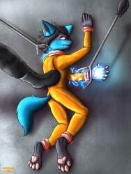 anthro arrested aura_sphere beaten canid canine drakethefox escape failed_attempt generation_4_pokemon hi_res latex lucario male mammal nintendo pokemon pokemon_(species) prison prisoner solo