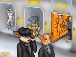 4:3 anthro bondage bound canid canine chains chastity_cage chastity_device circuit_(protogen) civet cyberius_fox dominant dominant_female drakethefox duffy_(duffy) dusty_foxwood_(dusty0071) felid feline female fox greycait group hal_(lethian) hybrid latex lynx machine male mammal muzzle_(object) muzzled prison prisoner protogen restraints straitjacket teasing undercover vacuum_bed viverrid