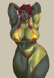 1girls abs athletic athletic_female bikini bikini_bottom bikini_top braid braided_hair braided_twintails breasts cassandra_(virgoart1509) clothed clothed_female clothing female female_only gold_bikini gold_bikini_bottom gold_bikini_top gold_clothing green-skinned_female green_skin grey_background hair_accessory heterochromia hips huge_breasts long_hair muscular muscular_female orc orc_female red_hair scar simple_background solo solo_female thick_thighs thighs twintails virgoart1509 wide_hips yellow_eyes