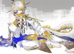 1girl animal_genitalia_on_humanoid animal_penis arknights arm_tattoo barefoot bead_bracelet beads blonde_streaks blue_penis blue_streaks blush bracelet breasts colored_extremities colored_penis colored_skin dagger dragon_girl dragon_horns dragon_tail earrings erection flat_chest futanari green_eyes grey_hair hair_ornament hair_stick hand_up highres hitobashira_(1746164306) holding holding_dagger holding_knife holding_weapon horns horse_penis huge_penis jacket jewelry knife large_testicles long_hair multicolored_hair multicolored_penis open_clothes open_jacket paid_reward_available pants penis penis_out penis_tattoo pointy_ears shirt shu_(arknights) simple_background sitting smile solo strapless strapless_shirt streaked_hair tail tassel tassel_earrings tattoo testicles toes tube_top uncensored weapon white_jacket white_pants white_shirt yellow_penis yellow_skin