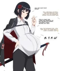 1girls annoyed big_belly black_hair bloated_belly candy clothed clothing female female_only fetal_movement flat_chest insecure irritated limbus_company milf mommy pregnant pregnant_with_multiples project_moon red_eyes rude ryoshu_(limbus_company) sarawa_kotoku short_hair sword uncomfortable wholesome