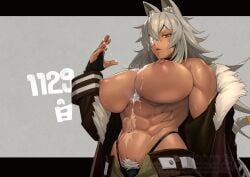 abs after_paizuri animal_ears bandeau belt breasts cat_ears choker cum cum_on_body cum_on_breasts dark-skinned_female dark_skin eyepatch facial female ghislaine_dedoldia gloves green_pants grey_hair grey_pubic_hair highleg highleg_panties large_breasts long_hair looking_at_viewer mikoyan muscular muscular_female mushoku_tensei navel nipples no_bra obliques one-eyed open_belt open_mouth open_pants panties pants red_bandeau red_choker red_eyes scar scar_on_cheek scar_on_face scar_on_stomach simple_background solo solo_focus tail tail_ornament tail_ring underwear