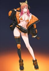 animal_ears bangs bikini black_legwear breasts choker female full_body gloves gradient gradient_background halloween headphones jacket long_hair long_sleeves looking_at_viewer navel orange_bikini orange_footwear orange_gloves orange_hair orange_jacket orange_legwear red_eyes solo standing stomach swimsuit thighhighs