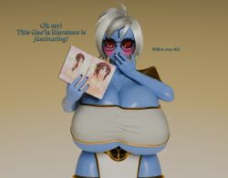3d 3d_(artwork) alien_girl blender blender_(software) blue_body blue_skin blush breasts breasts_bigger_than_head chaoslord cleavage covering_mouth freckles freckles_on_breasts freckles_on_face glasses huge_ass huge_breasts massive_breasts o'pai_(aquaterrius) oc porn_magazine round_glasses sequence sole_female t'au tagme tau text thick thick_thighs voluptuous_female white_hair wide_hips wrapped_breasts