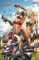 2girls akili_(zenescope) bikini_bra bikini_top birds black_hair blonde_female blonde_hair boots bracelet bracelets bull chopsticks_in_hair clothed clothed_female comic comic_cover corset cowboy_hat cowgirl_boots female female_focus female_only fingerless_gloves fishnet_stockings fishnets flock_of_birds garter_straps gloves grimm_fairy_tales_(comic) grimm_fairy_tales_zenescope hat horns jamie_tyndall legs light-skinned_female light_skin machine mechanical_bull mini_jean_shorts mountain mountains mowglii_(zenescope) official_art painted_face robot short_hair short_jeans short_shorts stockings the_jungle_book tied_hair twintails ula_mos war_paint zenescope zenescope_entertainment