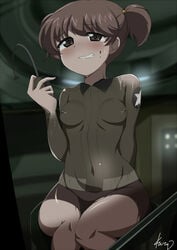 alisa_(girls_und_panzer) blush body_paint bodypaint breasts brown_eyes brown_hair clenched_teeth female freckles girls_und_panzer navel nipples nude painted_clothes short_hair small_breasts tears