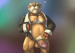 1boy anthro areola balls blush body_hair chest_hair clothed clothing erection eyewear fur furry furry_only hair jacket league_of_legends looking_at_viewer male male_only monocle musclegut navel nipples open_mouth pecs penis pubes shopkeeper_(league_of_legends) slugsdog solo standing thick_penis tongue veiny veiny_penis video_games yordle