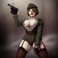 areola_slip big_breasts big_lips black_gloves black_panties black_thong blonde_hair breasts_out cleavage fear_and_hunger fear_and_hunger:_termina female female_only garter_belt garter_straps genderswap_(mtf) gloves gun hair_over_one_eye military military_hat military_jacket military_uniform nipple_slip no_bra nylons open_shirt panties pantyhose pavel_yudin pussy_juice pussy_juice_drip rule_63 short_hair smile soldier solo stockings thick_thighs thighhighs thong underwear