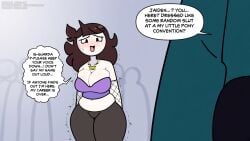 1boy 1girl arms_behind_back artist_name bare_shoulders black_eyes black_pants blush breasts brown_hair cleavage clothing crop_top crowd curvy english_text female fishnet_gloves fishnets gloves horns huge_breasts jaiden jaiden_(jaiden_animations) jaiden_animations jaidenanimations jewelry large_breasts long_hair midriff navel necklace nervous nervous_sweating open_mouth pants plump purple_shirt sexually_suggestive sexy sexy_pose shirt smile solo_focus speech_bubble steca strapless sweat talking text thelazyart thick thick_legs thick_thighs trembling tube_top web_address wide_hips youtube youtuber youtuber_character youtuber_girl youtubers