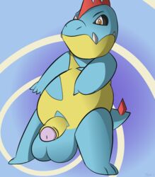 balls belly big_balls croconaw feral hi_res male male_only nintendo pawn penis pointing pokémon_(species) pokemon simple_background solo teeth uncut video_games