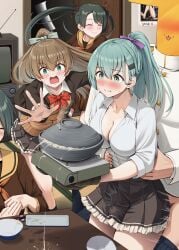 4girls blazer blush bow bowtie brown_hair brown_skirt brown_sweater_vest bulge collared_shirt commentary_request cooking_pot door dress_shirt erection erection_under_clothes green_eyes green_hair hashitsuki_nata highres ichikawa_feesu implied_sex jacket kantai_collection kumano_(kantai_collection) kumano_kai_ni_(kantai_collection) mikuma_(kantai_collection) mikuma_kai_ni_(kantai_collection) military_uniform mogami_(kantai_collection) mogami_kai_ni_(kantai_collection) multiple_girls nata_(tool) naval_uniform neckerchief nose_blush orange_hair orange_neckerchief penis_under_another's_clothes pleated_skirt ponytail red_bow red_bowtie school_uniform serafuku shirt skirt spill stove suzuya_(kantai_collection) suzuya_kai_ni_(kantai_collection) sweater_vest t-head_admiral television twintails white_shirt