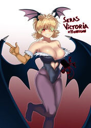 1girls amputee bangs bare_shoulders bat_wings bimbo black_leotard blonde_hair blush breasts busty character_name cleavage clothing collarbone cosplay darkstalkers demon demon_girl eyebrows eyebrows_visible_through_hair female fur_trim gloves gradient gradient_background grin hair_over_one_eye head_wings heart_cutout hellsing highleg highleg_leotard highres hourglass_figure large_breasts leotard long_hair morrigan_aensland morrigan_aensland_(cosplay) multi_wing navel navel_cutout no_shoes one_eye_covered one_leg_raised pantyhose pointing purple_legwear red_background red_eyes seras_victoria small_breasts smile solo standing_on_one_leg strapless succubus thegoldensmurf tied_hair twintails vampire voluptuous wings