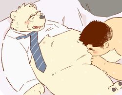 2016 bear bed blush closed_eyes clothing duo eyewear fellatio garousuki glasses handjob human interspecies male mammal navel necktie oral polar_bear sex size_difference slightly_chubby sweat uniform yaoi