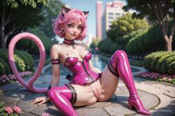 1girls ai_generated animal_ears artist_name blurry boots bottomless breasts building cat_ears cat_girl cat_tail choker day earrings female flower hi_res high_heels ichigo_momomiya jewelry lips looking_at_viewer medium_breasts mew_ichigo nipples outdoors pink_choker pink_eyes pink_flower pink_footwear pink_hair pink_thighhighs progenarts pussy short_hair sitting solo spread_legs strapless tail tattoo thigh_boots thighhighs tokyo_mew_mew tree uncensored