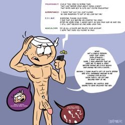 1boy aged_up cellphone comic_bubble comments holding_object lincoln_loud looking_at_phone muscular muscular_male naked naked_male older_male onlyboney sperm sperm_cell standing text_message the_loud_house white_hair worried
