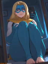 2025 ai_assisted ai_generated anime anime_girl anime_style artist_name barefoot blonde blonde_blazer blonde_female blonde_hair blonde_hair_female blue_bodysuit blue_eyes bodysuit breasts cellphone closed_mouth curvaceous curvaceous_body curves curvy curvy_body curvy_female curvy_figure dispatch_(game) earrings feet female gloves grabbing_own_breast heroine hi_res high_quality high_res high_resolution highres holding holding_phone hourglass_figure indoors jewelry knees_up large_breasts light-skinned_female light_skin long_hair mask mirror patreon patreon_username phone rinkoai selfie sitting smartphone smile solo superhero superheroine thighs toeless_legwear toes uncensored voluptuous voluptuous_female watermark