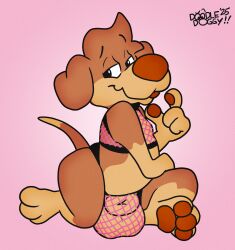 animal_genitalia balls barely_contained barely_contained_balls big_balls blep canid canine canis clothed clothing domestic_dog doodle_(doodledoggy) doodledoggy fully_sheathed genitals half-closed_eyes hi_res looking_at_viewer male mammal narrowed_eyes revealing_balls sheath short_stack skimpy solo tongue tongue_out toony