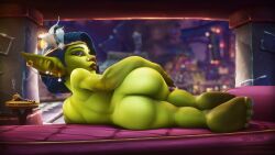 3d back_view big_butt big_ears blue_eyes blue_hair blue_nails earrings goblin goblin_(warcraft) goblin_female green_skin headband jewelry laying_on_side lizette_du_migglewix_(zaro3d) nose_piercing nude nude_female red_lipstick warcraft world_of_warcraft zaro3d