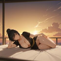 ai_generated arm_support backlighting bare_legs bed_sheet black_hair black_kimono blush bottomless breasts brown_eyes cleavage closed_mouth cloud elbow_rest evening female_pubic_hair hair_bun hand_on_own_thigh indoors japanese_clothes kimono large_breasts looking_at_viewer lying mitarashi_anko naked_kimono naruto naruto_(series) naruto_shippuden no_bra no_panties obi on_bed on_side open_clothes orange_sky pubic_hair railing sash shiny_skin short_hair short_sleeves single_hair_bun sky smile solo sun sunset thighs twoderrick