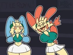2girls after_transformation animated blue_ears blue_markings burnet_(pokemon) chabble cheerleader cheerleader_outfit cheerleader_uniform flailing flashing flashing_breasts flustered minun plusle pokemon pokemon_(species) pokemon_only post-transformation rabbit rabbit_ears rabbit_girl red_ears red_markings red_nipples skirt smile tail transformation yellow_body yellow_eyes