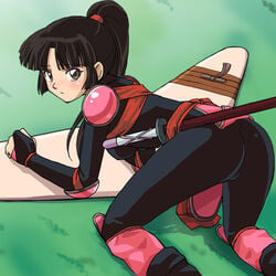 1girls all_fours armor artist_request ass backside blush bodysuit boomerang brown_eyes brown_hair clothed clothes eyeliner eyeshadow female fully_clothed grass inuyasha jumpsuit long_hair looking_at_viewer makeup outside pauldrons ponytail sango scrunchie skin_tight solo sword tied_hair weapon