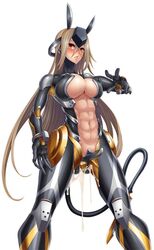 10s abs alca_steele armor blush breasts brown_hair cleavage covered_nipples cyborg erect_nipples female large_breasts long_hair looking_at_viewer navel parted_lips red_eyes shindou_l solo standing tagme tail taimanin_(taimanin) taimanin_asagi taimanin_asagi_battle_arena very_long_hair white_background