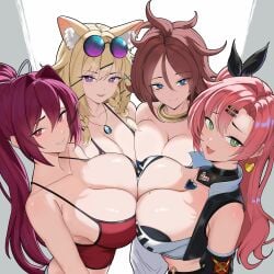4girls absurdres android_21 animal_ears arknights bare_shoulders blonde_hair blue_eyes breast_press breasts brown_hair cleavage dragon_ball earrings female_focus green_eyes heart highres izumi_is_blah jewelry large_breasts long_hair looking_at_viewer mole mole_on_breast multiple_girls necklace nicole_demara pink_hair ponytail purple_eyes red_eyes sunglasses symmetrical_docking under_night_in-birth utage_(arknights) yuzuriha_(under_night_in-birth) zenless_zone_zero