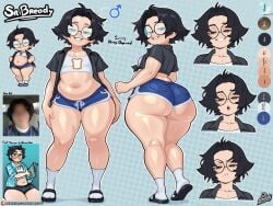 1boy artist_self-insert ass big_ass black_hair blue_shorts bready_(srbready) chubby_femboy crop_top dolphin_shorts femboy glasses grin huge_ass looking_at_viewer midriff multiple_views navel plump reference_image reference_sheet sandals self_insert short_hair short_shorts shorts smile socks srbready thick_thighs thighs