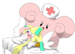 anal anal_sex anthro anus blissey clothing fisting gloves hat headgear jirachi legendary_pokemon nintendo nurse nurse_hat pasaran penetration penis pokemon pokemon_(species) prostate_exam pussy video_games