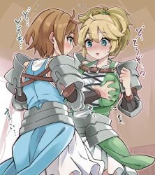 2girls aqua_eyes armor belt blonde_hair blue_dress blush breast_envy breasts brown_belt brown_hair celeste_(unicorn_overlord) cross-laced_clothes dress faulds fran_(unicorn_overlord) grabbing grabbing_another's_breast green_dress green_eyes hatoboshi high_ponytail highres large_breasts long_sleeves looking_at_another multiple_girls parted_lips pauldrons short_hair shoulder_armor sweat unicorn_overlord yuri