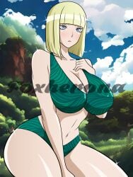 1girls artist_name beach belly big_breasts bikini bikini_bottom bikini_top blonde_hair blunt_bangs blush bob_cut breasts child_bearing_hips cleavage closed_mouth commentary embarrassed female female_only foxherona highleg highleg_bikini huge_breasts large_breasts mature mature_female midriff milf naruto naruto_(series) naruto_shippuden navel oppai pose posing posing_for_the_viewer sagging_breasts samui shiny shiny_hair shiny_skin short_hair skindentation smooth_skin solo solo_focus swimsuit text thick_thighs thighs url voluptuous watermark web_address wet wet_body wet_skin wide_hips